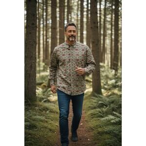 Vintage Barn Fly Brown L Moose Evergreen Tree All Over Prints Long Sleeve Shirt